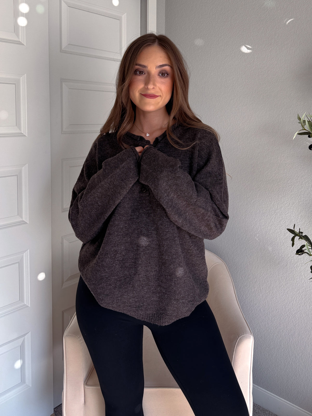 Dillon Oversized Henley Sweater (Deep Brown)