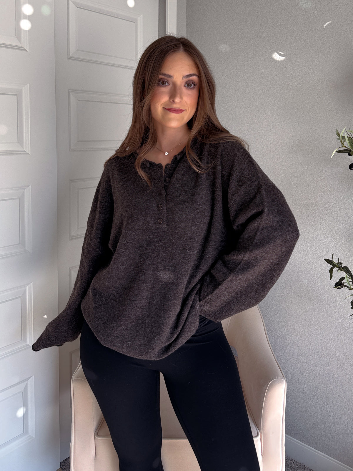Dillon Oversized Henley Sweater (Deep Brown)