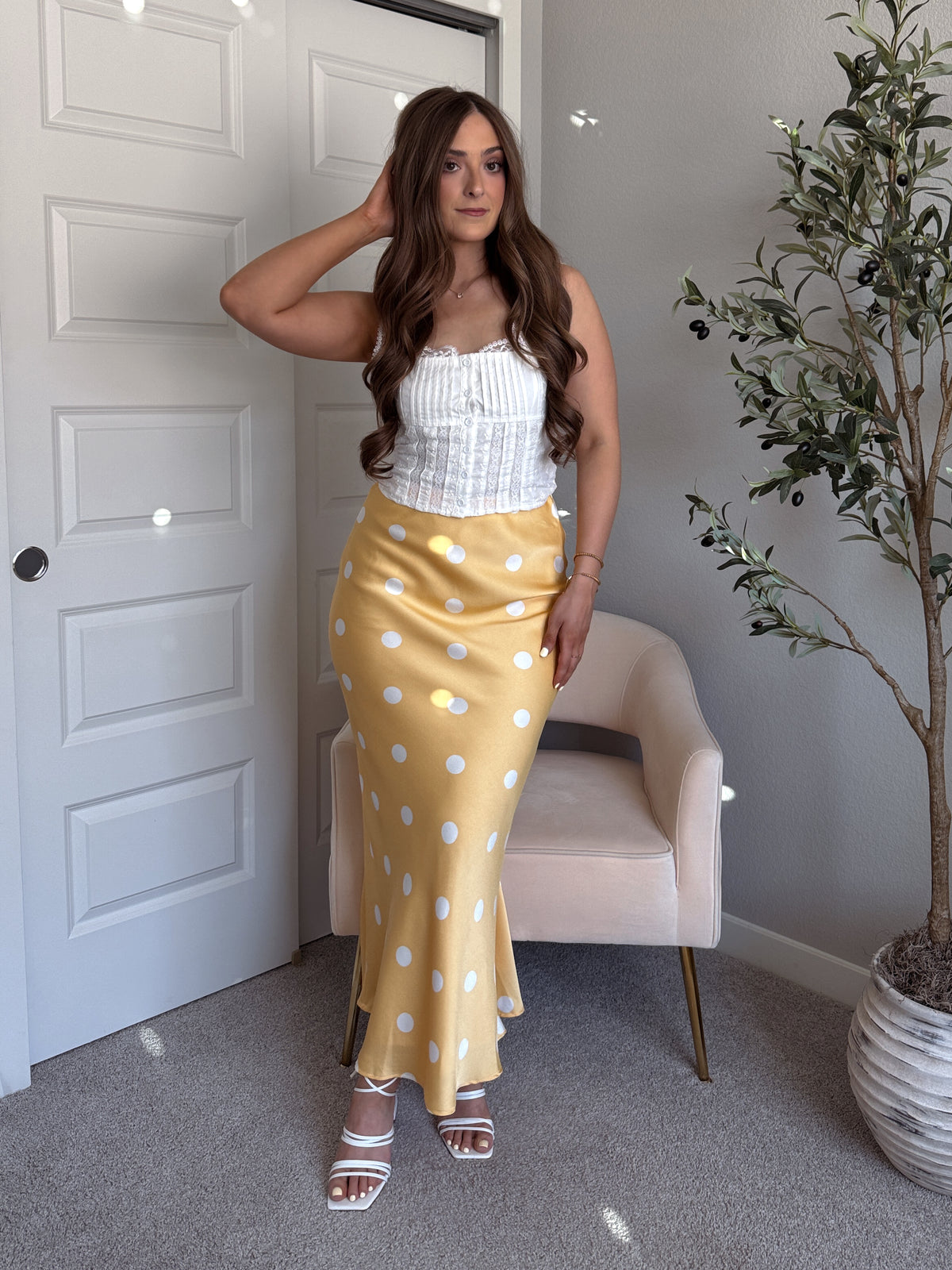 Dottie Satin Polka Dot Midi Skirt (Butter)