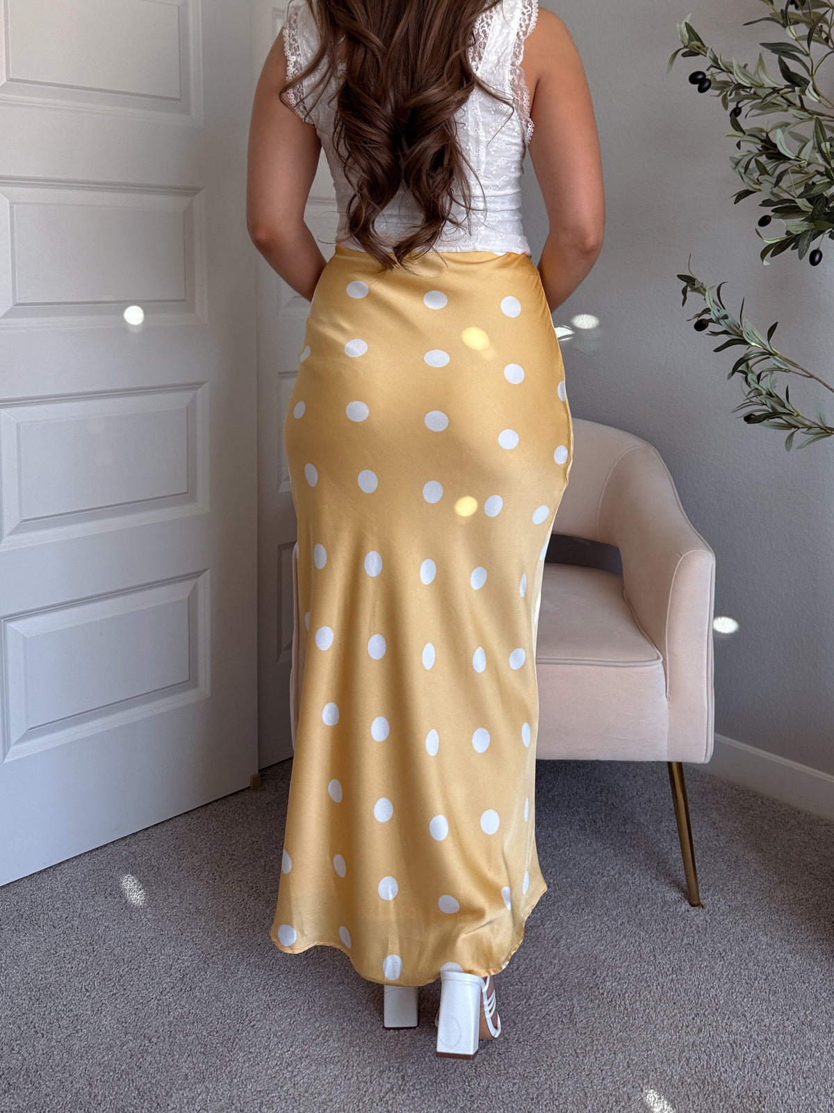 Dottie Satin Polka Dot Midi Skirt (Butter)
