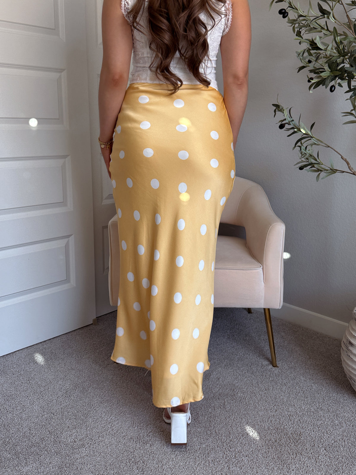 Dottie Satin Polka Dot Midi Skirt (Butter)