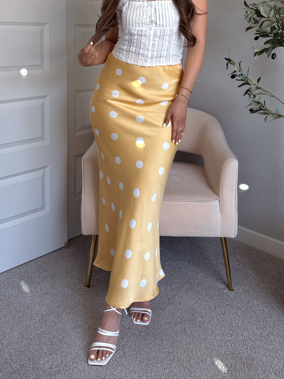 Dottie Satin Polka Dot Midi Skirt (Butter)