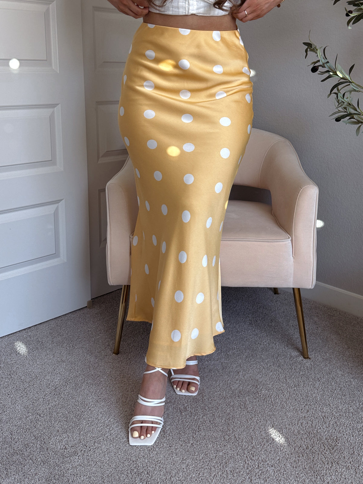Dottie Satin Polka Dot Midi Skirt (Butter)