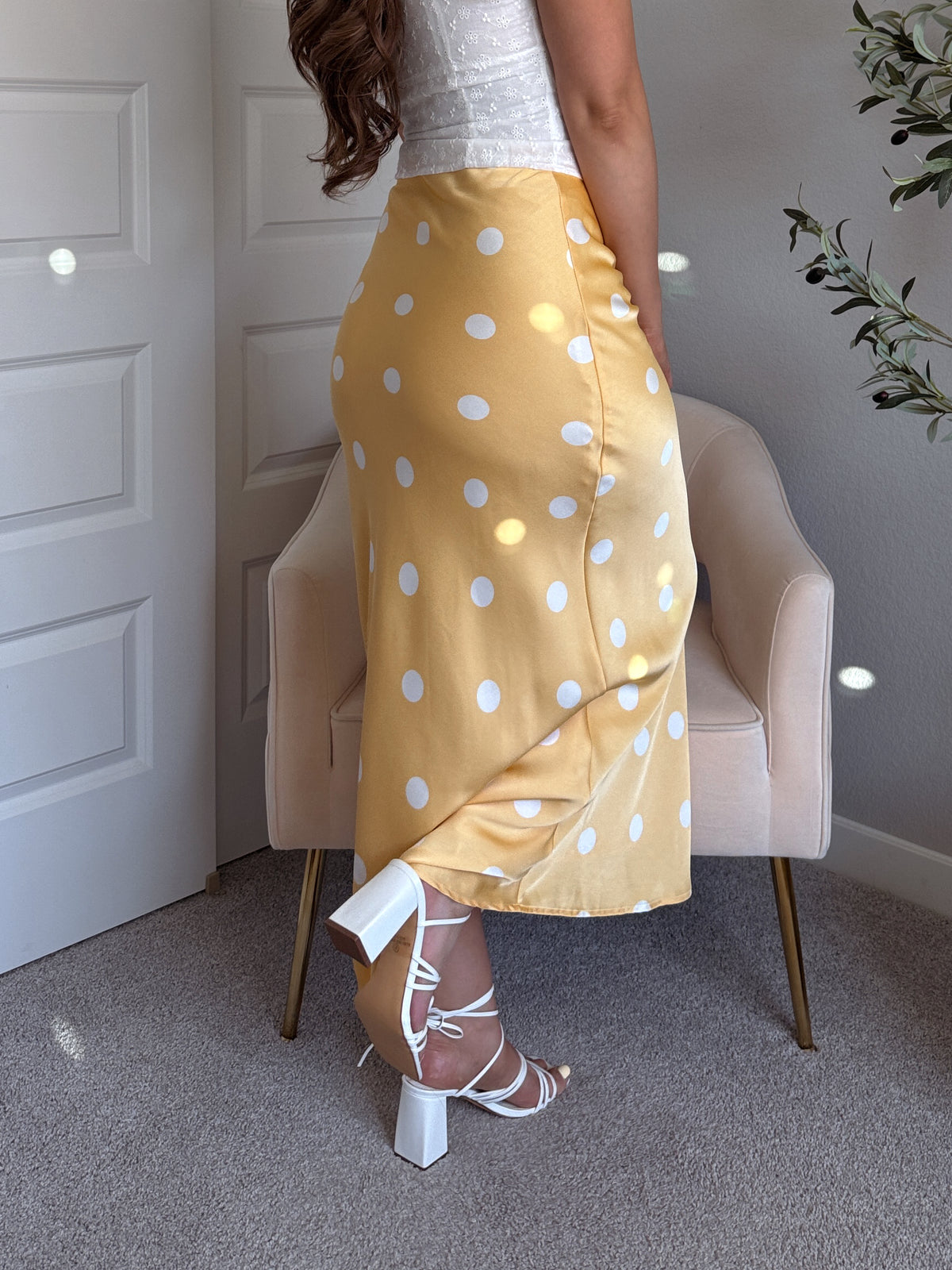 Dottie Satin Polka Dot Midi Skirt (Butter)
