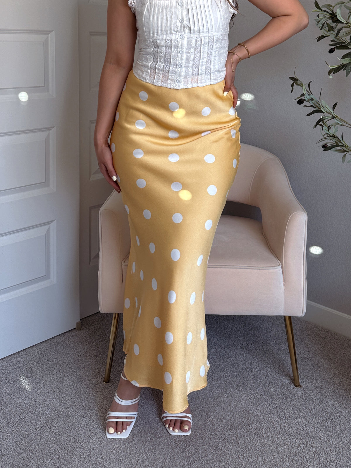 Dottie Satin Polka Dot Midi Skirt (Butter)
