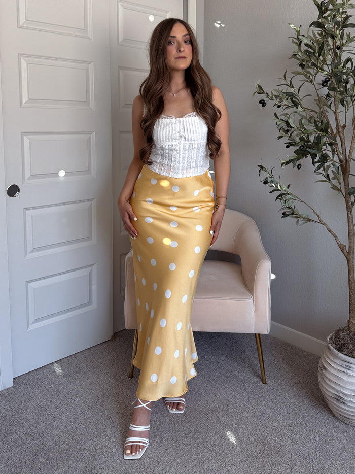 Dottie Satin Polka Dot Midi Skirt (Butter)