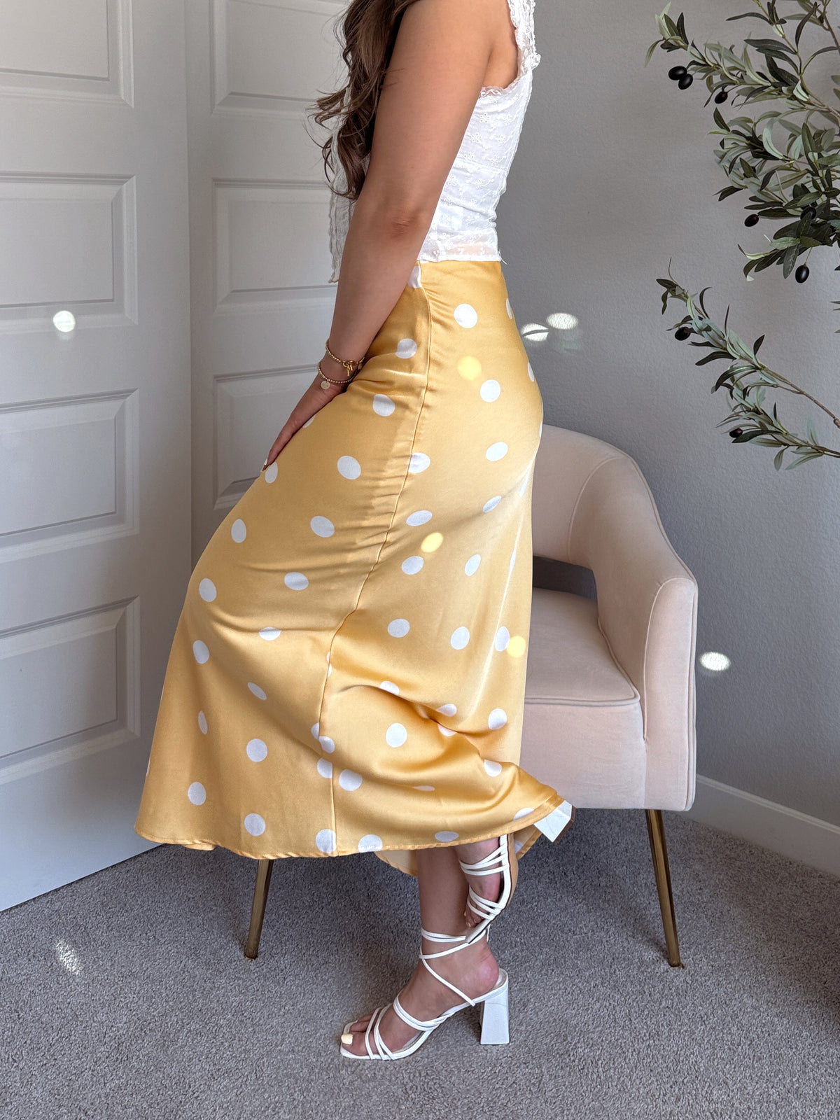 Dottie Satin Polka Dot Midi Skirt (Butter)