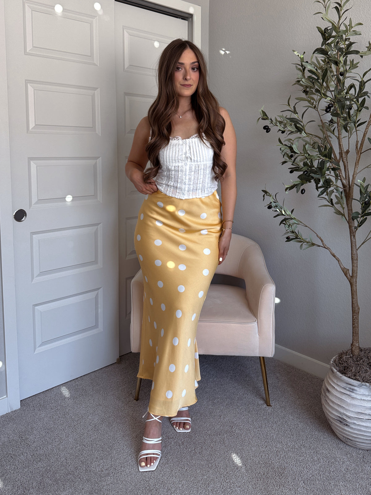 Dottie Satin Polka Dot Midi Skirt (Butter)