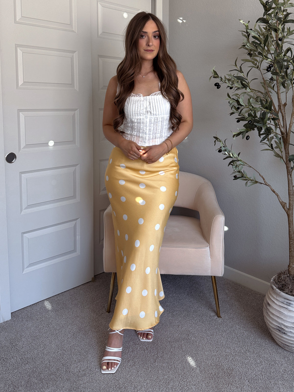 Dottie Satin Polka Dot Midi Skirt (Butter)