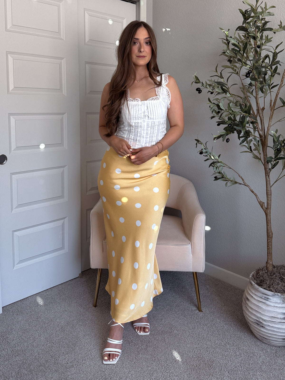 Dottie Satin Polka Dot Midi Skirt (Butter)