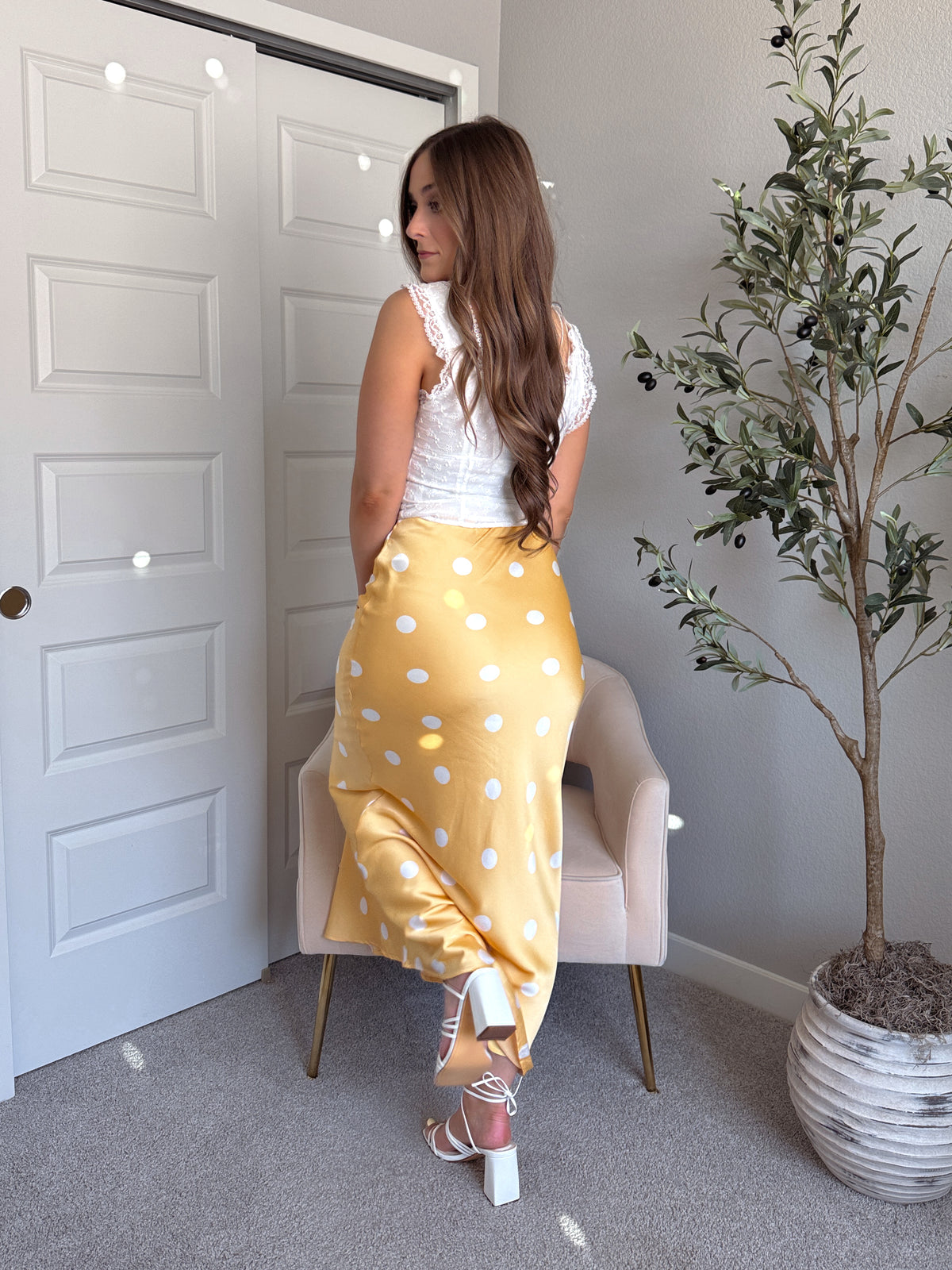 Dottie Satin Polka Dot Midi Skirt (Butter)