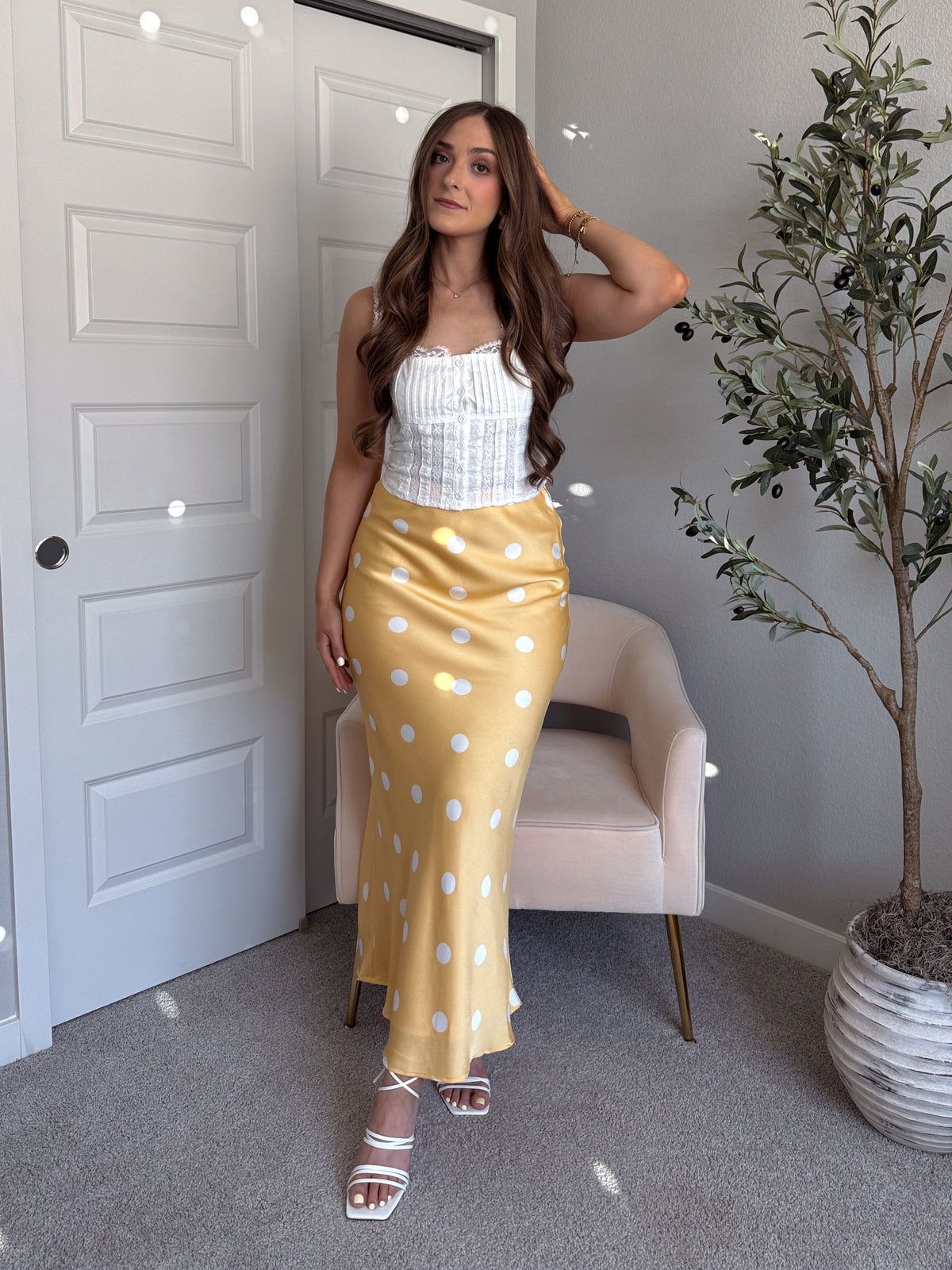Dottie Satin Polka Dot Midi Skirt (Butter)