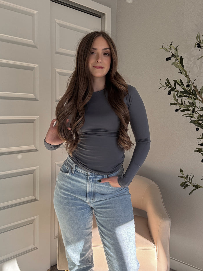 Effortless Solid Basic Double-Lined Long Sleeve Top (Charcoal)