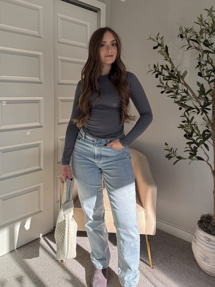 Effortless Solid Basic Double-Lined Long Sleeve Top (Charcoal)