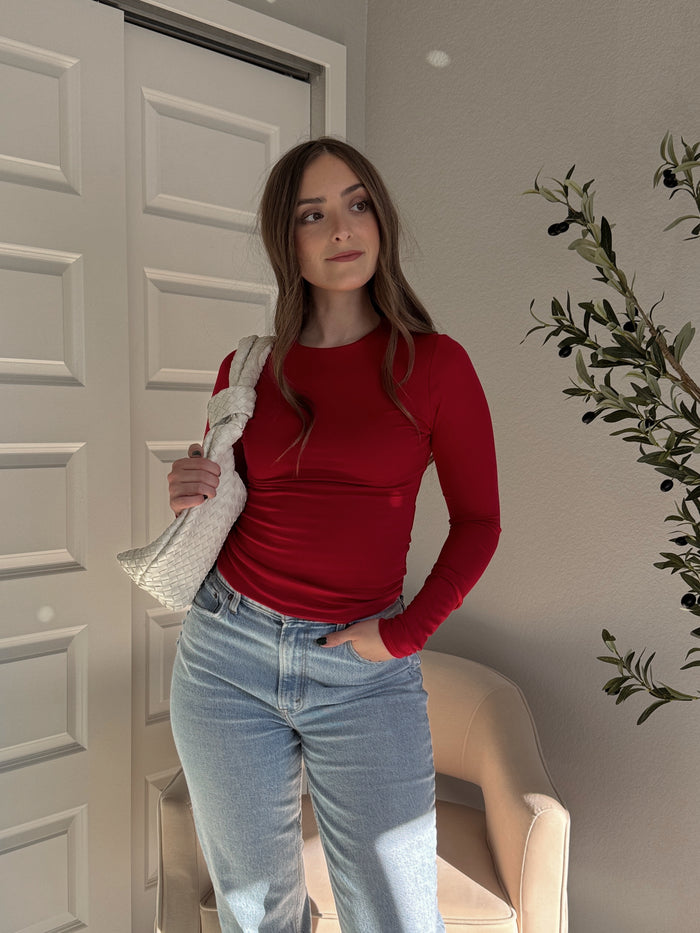 Effortless Solid Basic Double-Lined Long Sleeve Top (Red)