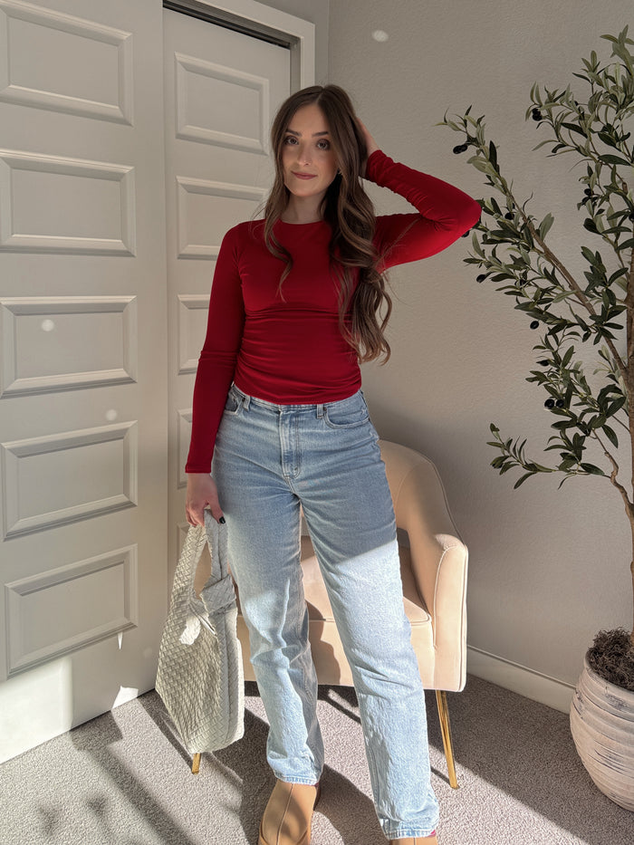 Effortless Solid Basic Double-Lined Long Sleeve Top (Red)