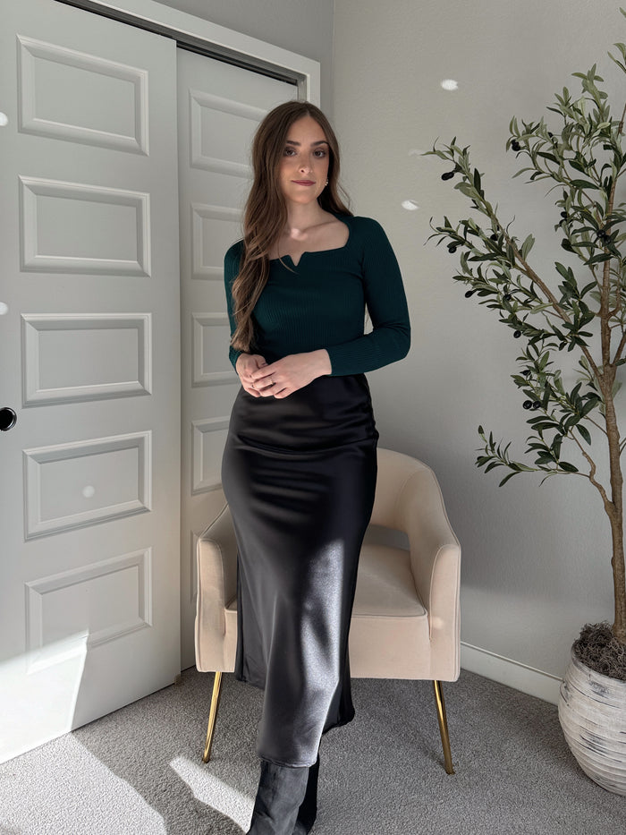 Elara Satin Midi Slip Skirt (Black) Medium Elara Satin Midi Slip Skirt (Black) Medium