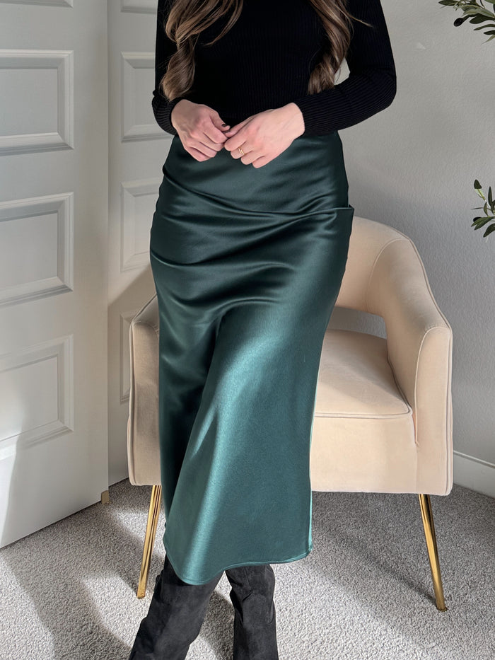 Elara Satin Midi Slip Skirt (Hunter Green)