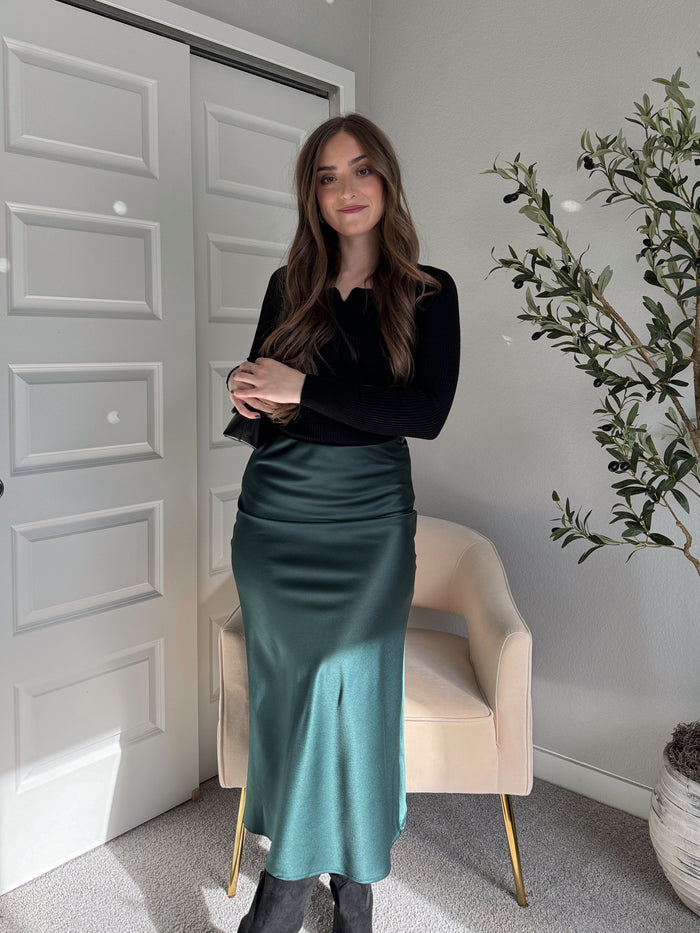 Elara Satin Midi Slip Skirt (Hunter Green)