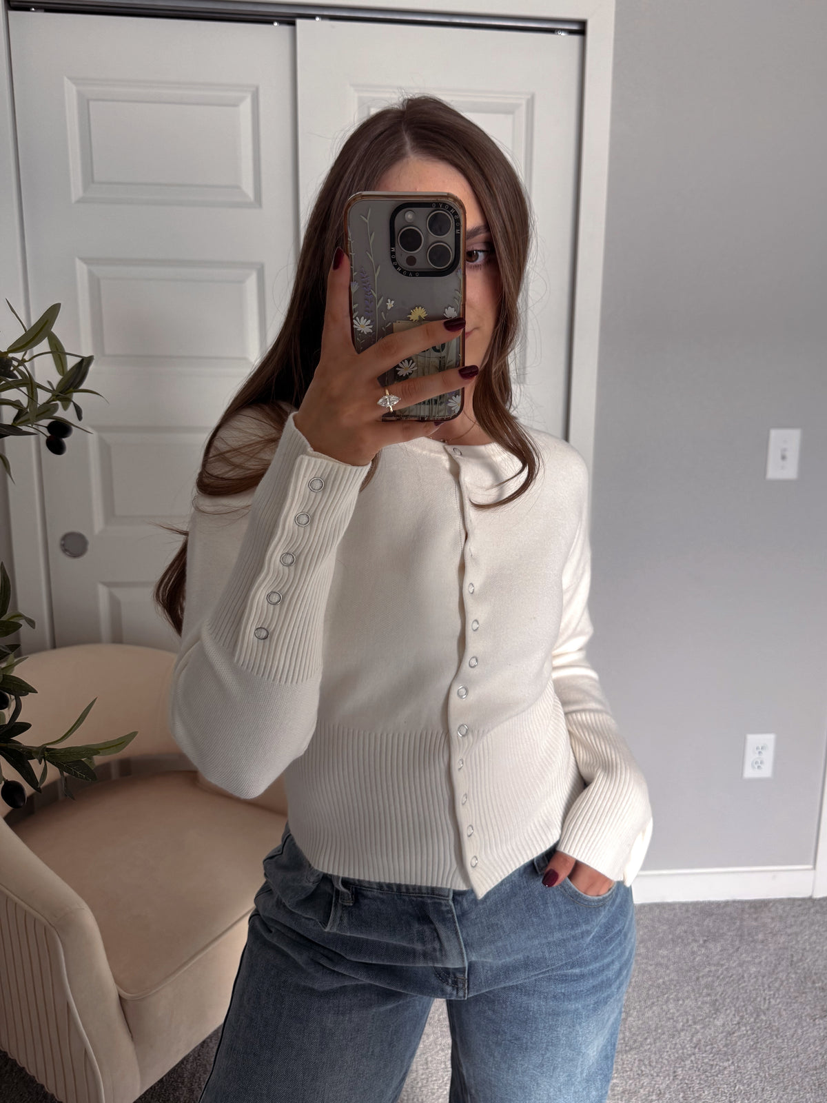 Elena Snap Button Fitted Cardigan (Cream)