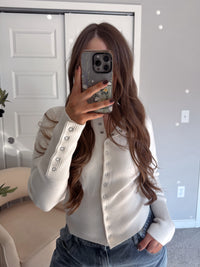 Elena Snap Button Fitted Cardigan (Cream)