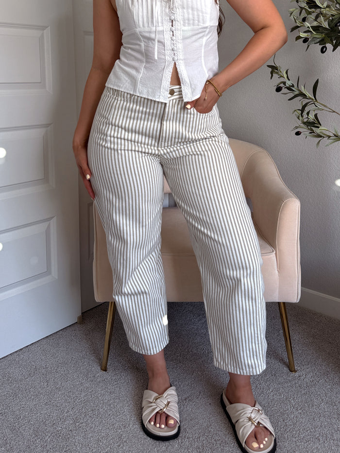 Elle Pinstripe Barrel Leg Cotton Pants (Beige)