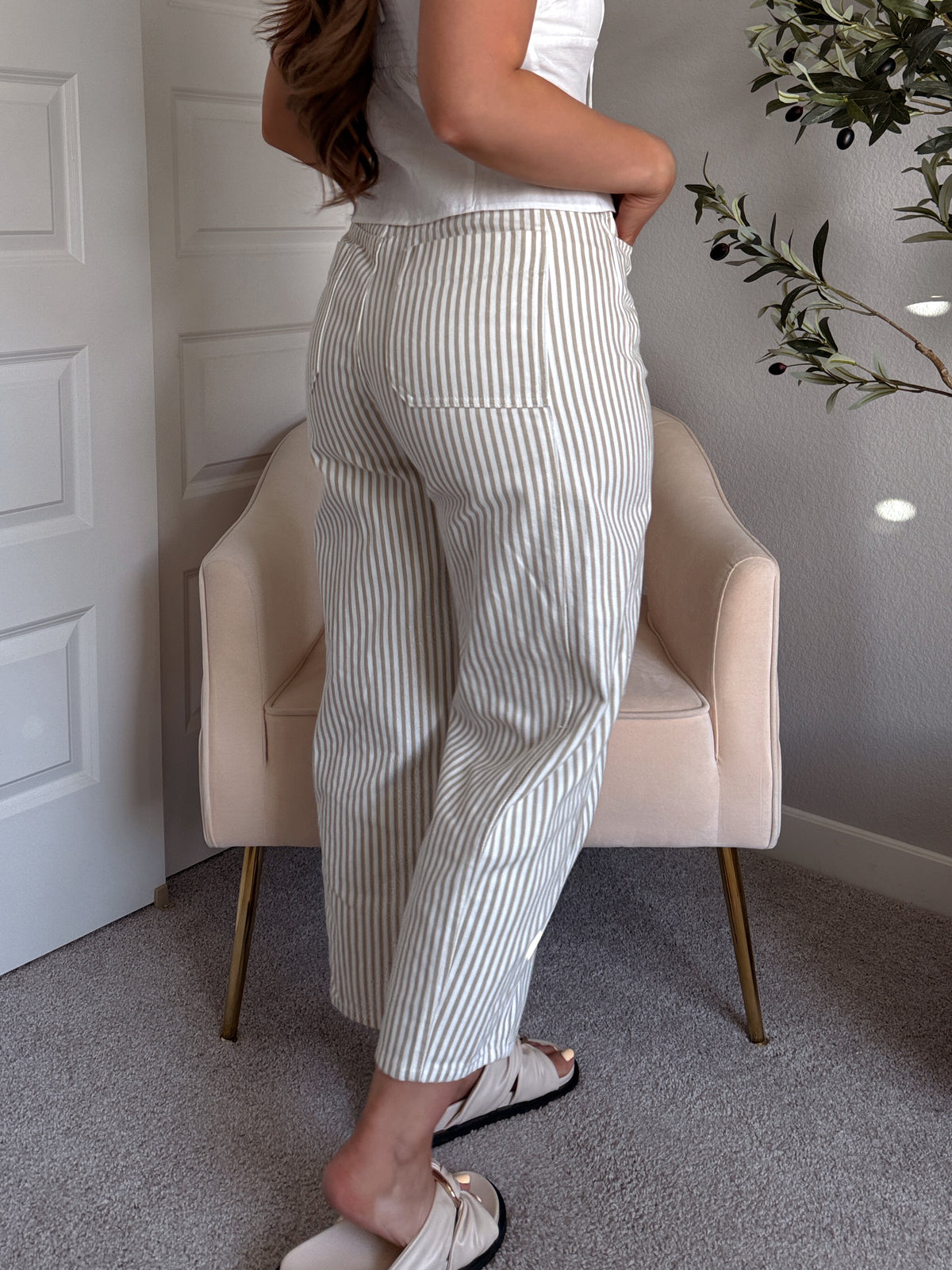 Elle Pinstripe Barrel Leg Cotton Pants (Beige)