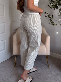 Elle Pinstripe Barrel Leg Cotton Pants (Beige)
