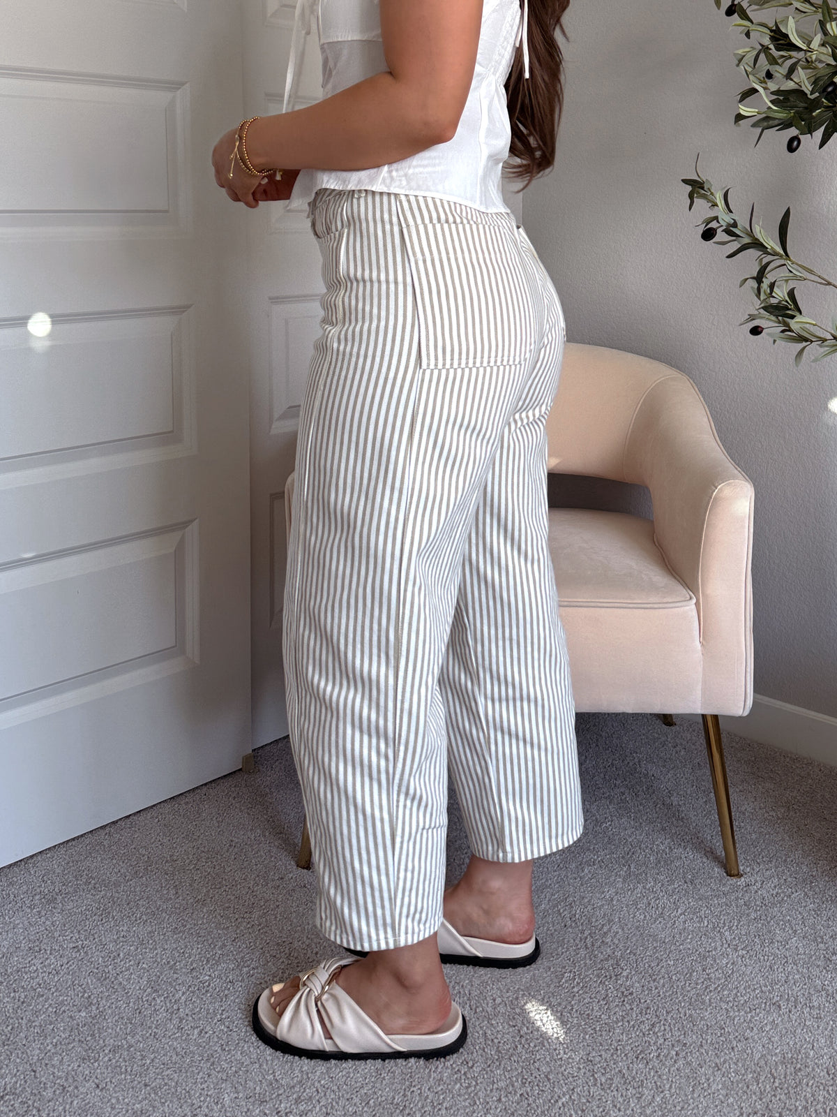 Elle Pinstripe Barrel Leg Cotton Pants (Beige)