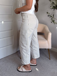 Elle Pinstripe Barrel Leg Cotton Pants (Beige)