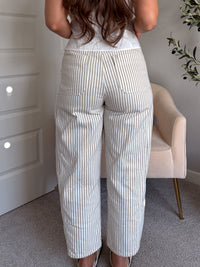 Elle Pinstripe Barrel Leg Cotton Pants (Beige)