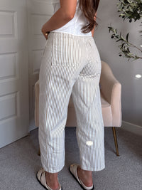 Elle Pinstripe Barrel Leg Cotton Pants (Beige)