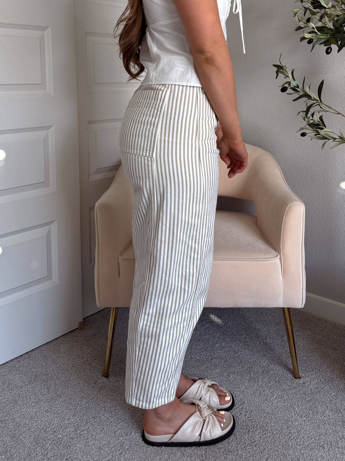 Elle Pinstripe Barrel Leg Cotton Pants (Beige)