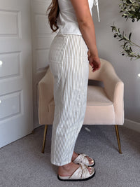 Elle Pinstripe Barrel Leg Cotton Pants (Beige)