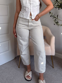 Elle Pinstripe Barrel Leg Cotton Pants (Beige)