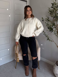 Ellison Round Neck Button Up Cardigan (White)