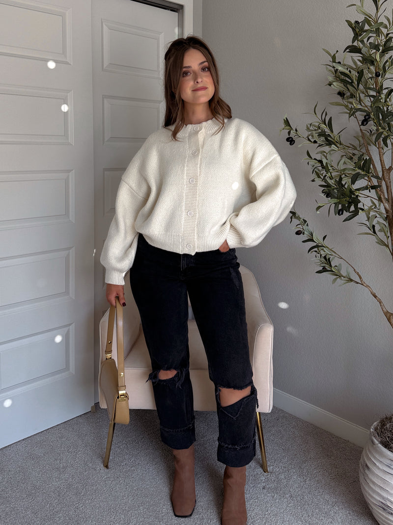 Ellison Round Neck Button Up Cardigan (White)