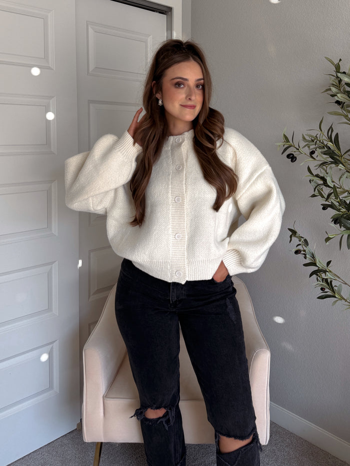 Ellison Round Neck Button Up Cardigan (White)