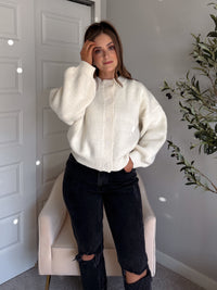 Ellison Round Neck Button Up Cardigan (White)