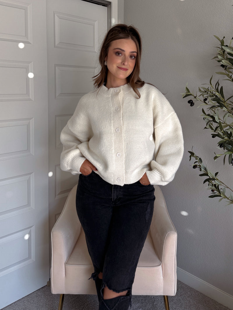 Ellison Round Neck Button Up Cardigan (White)