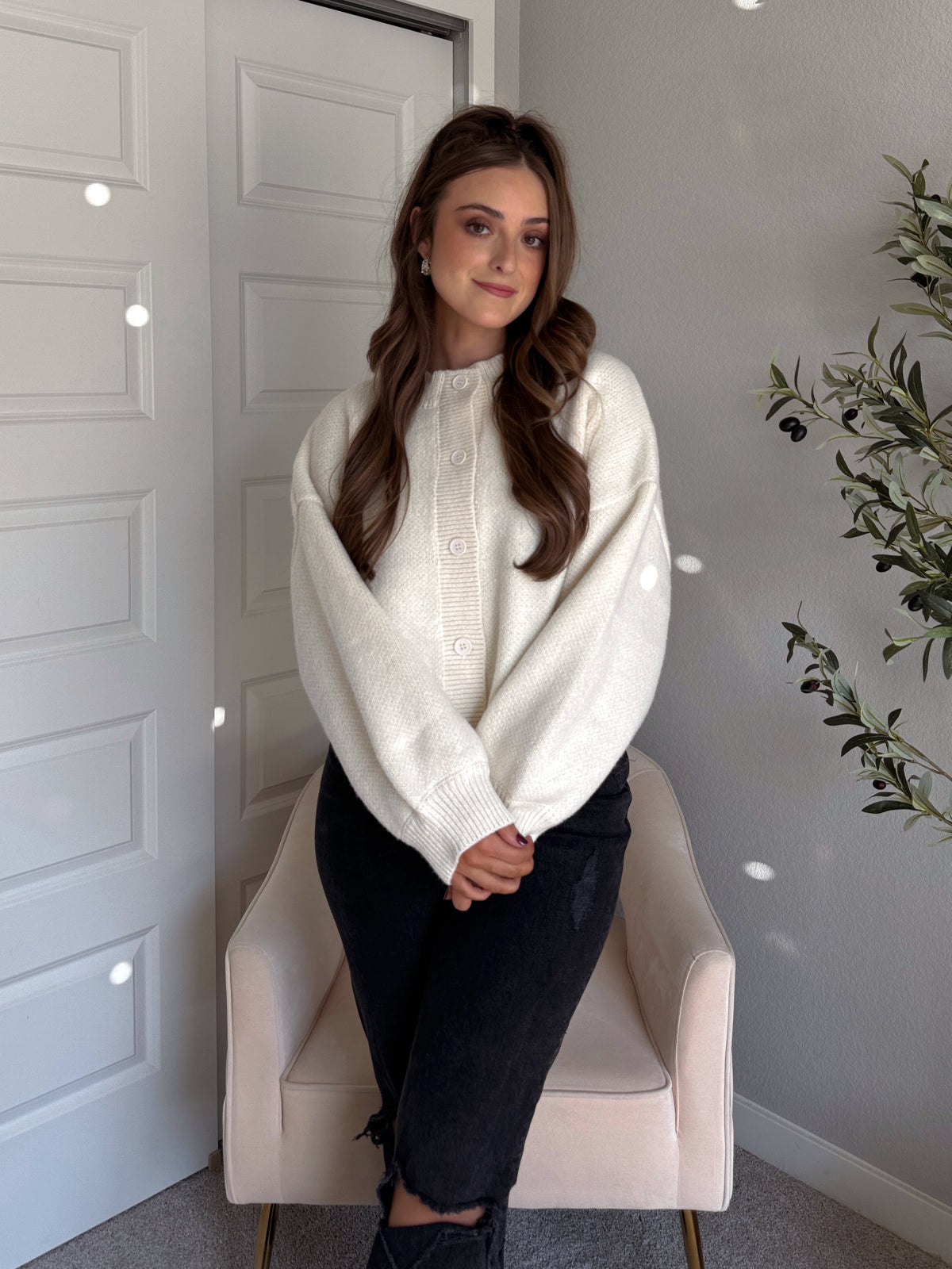 Ellison Round Neck Button Up Cardigan (White)