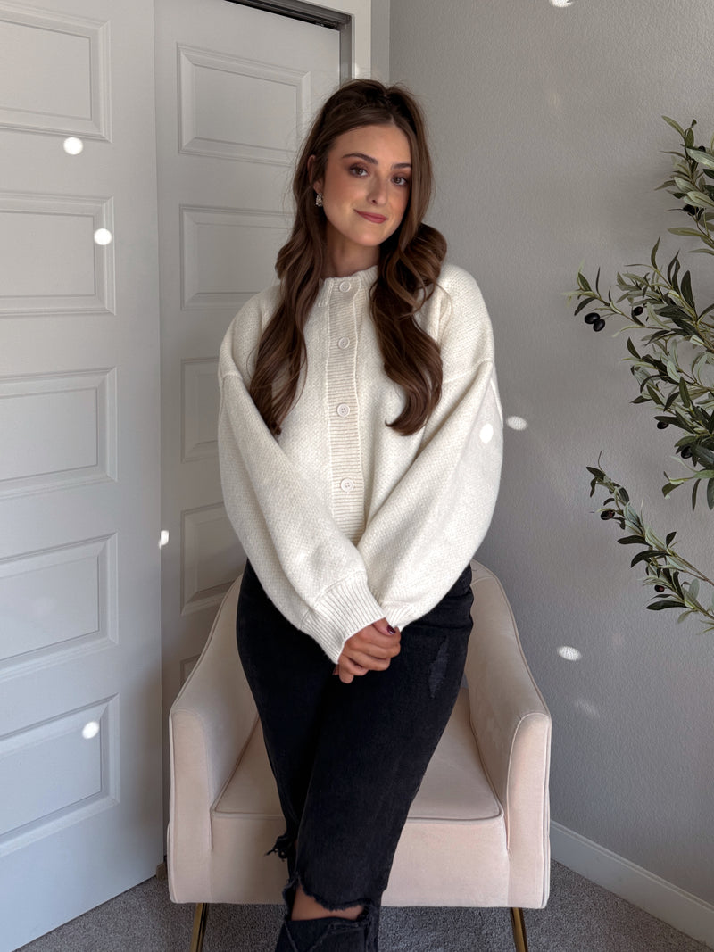 Ellison Round Neck Button Up Cardigan (White)