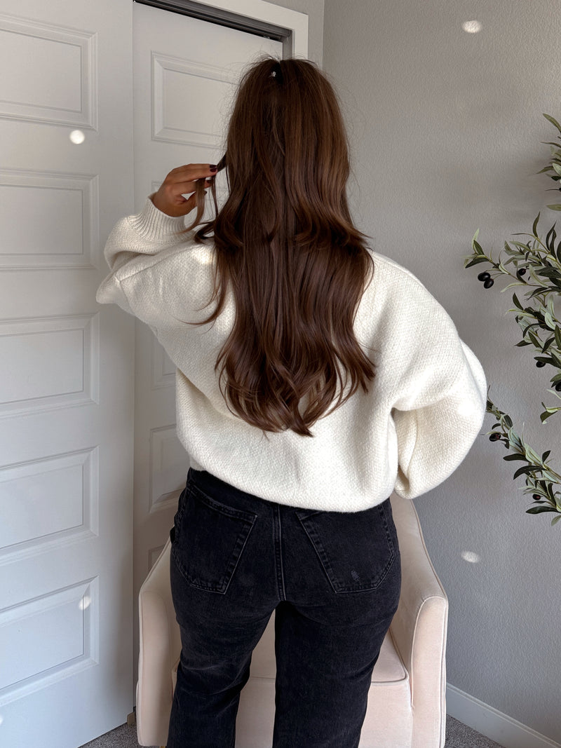 Ellison Round Neck Button Up Cardigan (White)