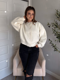 Ellison Round Neck Button Up Cardigan (White)