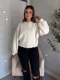 Ellison Round Neck Button Up Cardigan (White)