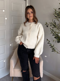 Ellison Round Neck Button Up Cardigan (White)