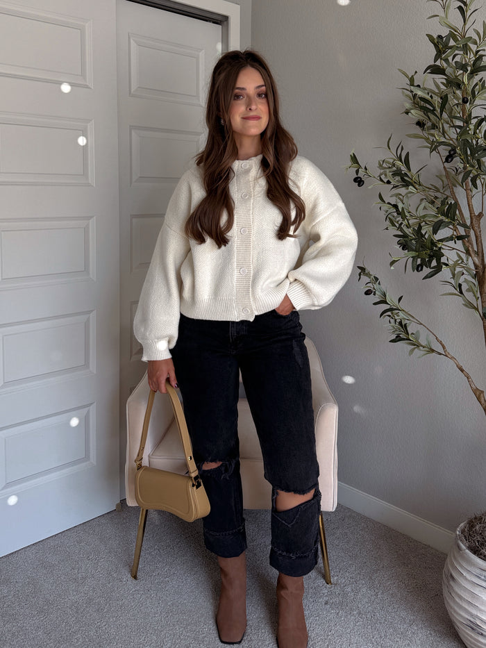 Ellison Round Neck Button Up Cardigan (White)