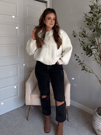 Ellison Round Neck Button Up Cardigan (White)