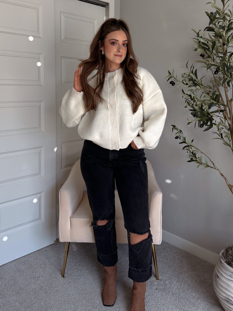 Ellison Round Neck Button Up Cardigan (White)