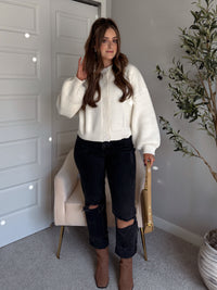Ellison Round Neck Button Up Cardigan (White)